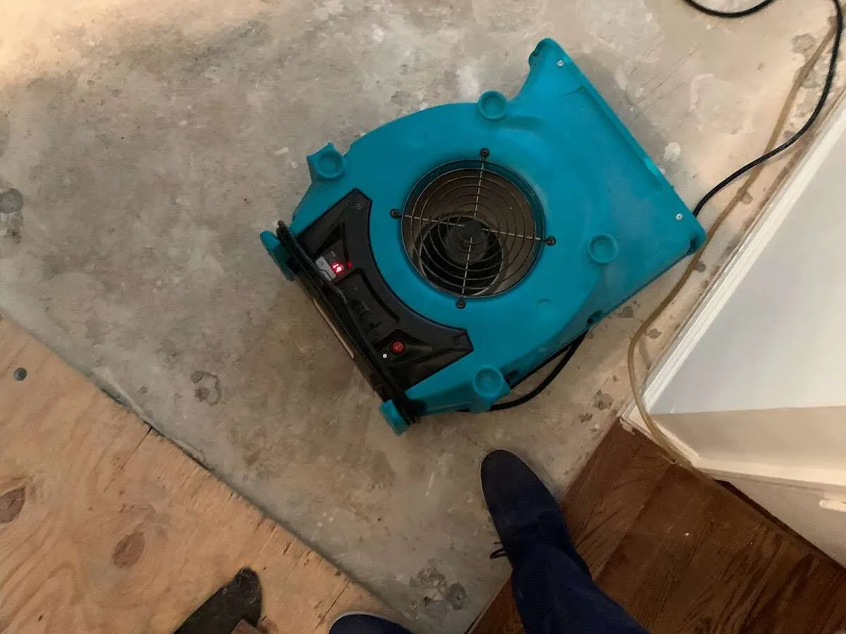 Air mover drying subfloor during Commercial Water Damage Restoration in Pearsall